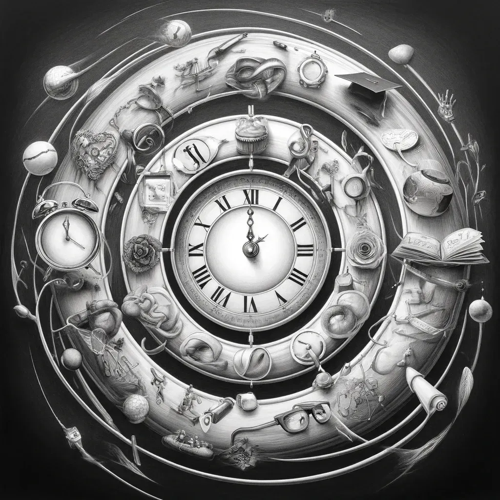 A clock at the center of concentric rings of life moments, illustrating the illusion of waiting for the right time