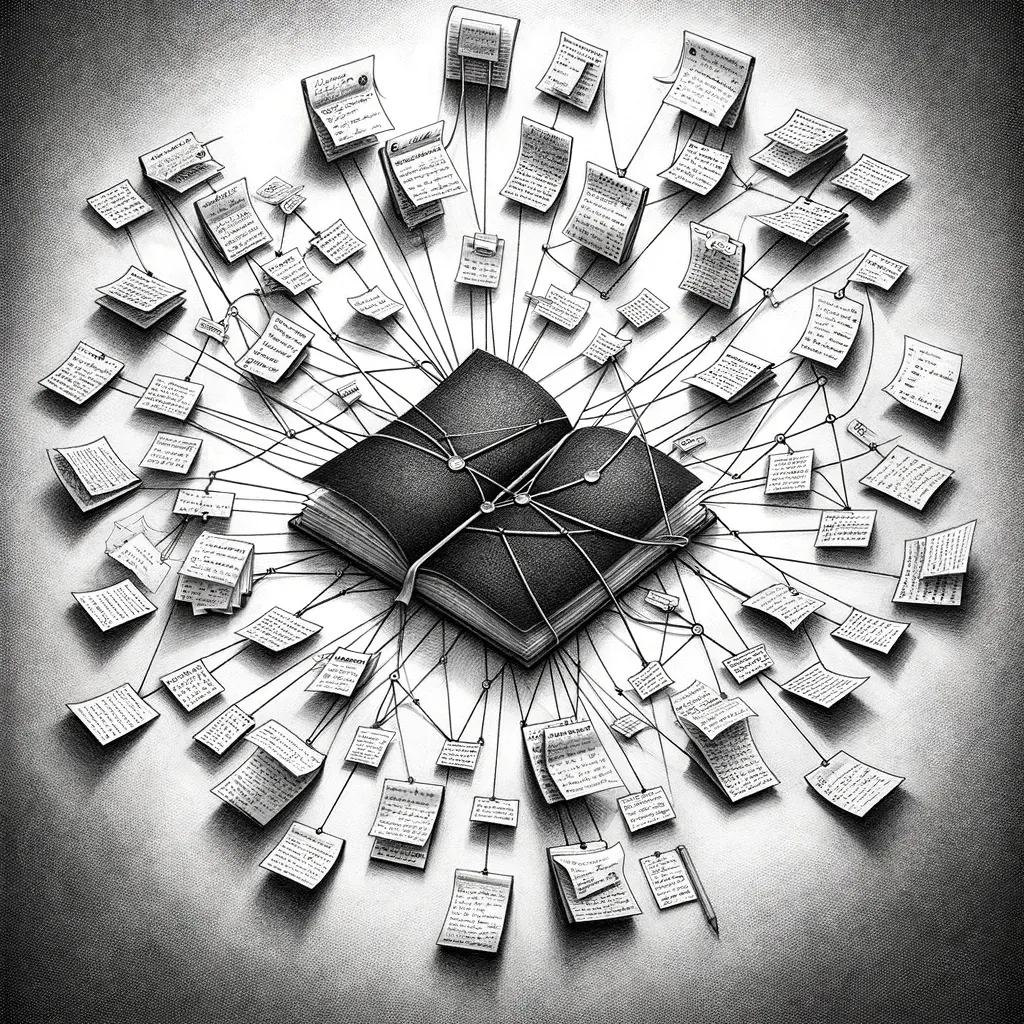 Open book at the center of a web of connected paper slips, the Zettelkasten metaphor