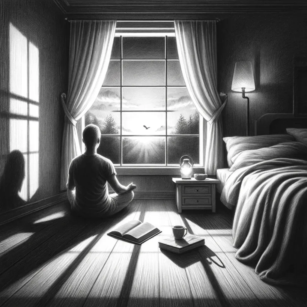 Person meditating at sunset by a window with a book and lantern, evoking a calming evening routine