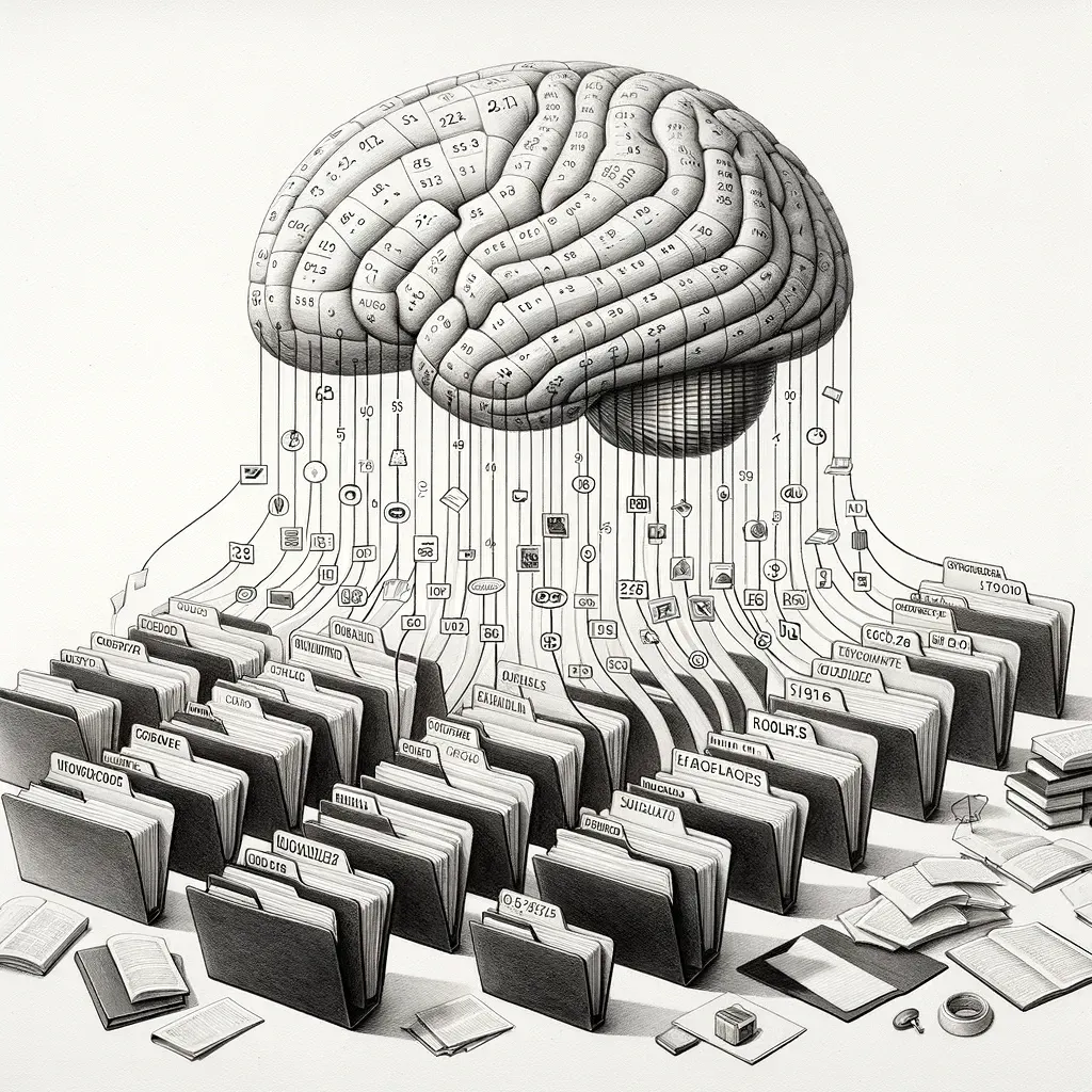 A brain with threads flowing into neatly labeled folders, illustrating how Johnny Decimal files every idea