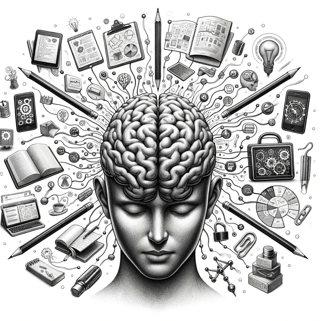 Head surrounded by books, devices and notes, showing PKM as an extended thinking environment