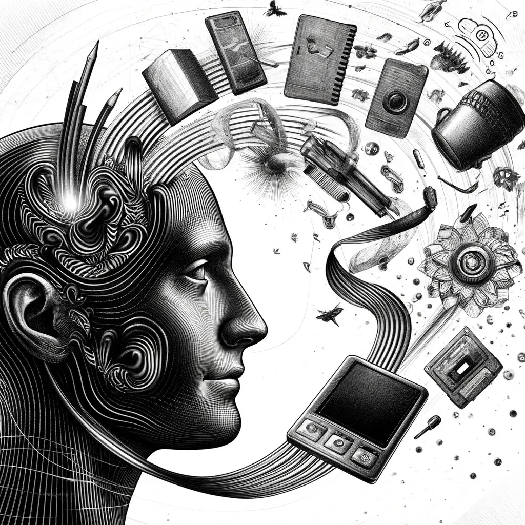 Ideas and devices streaming out of a human head, illustrating thoughts escaping before capture
