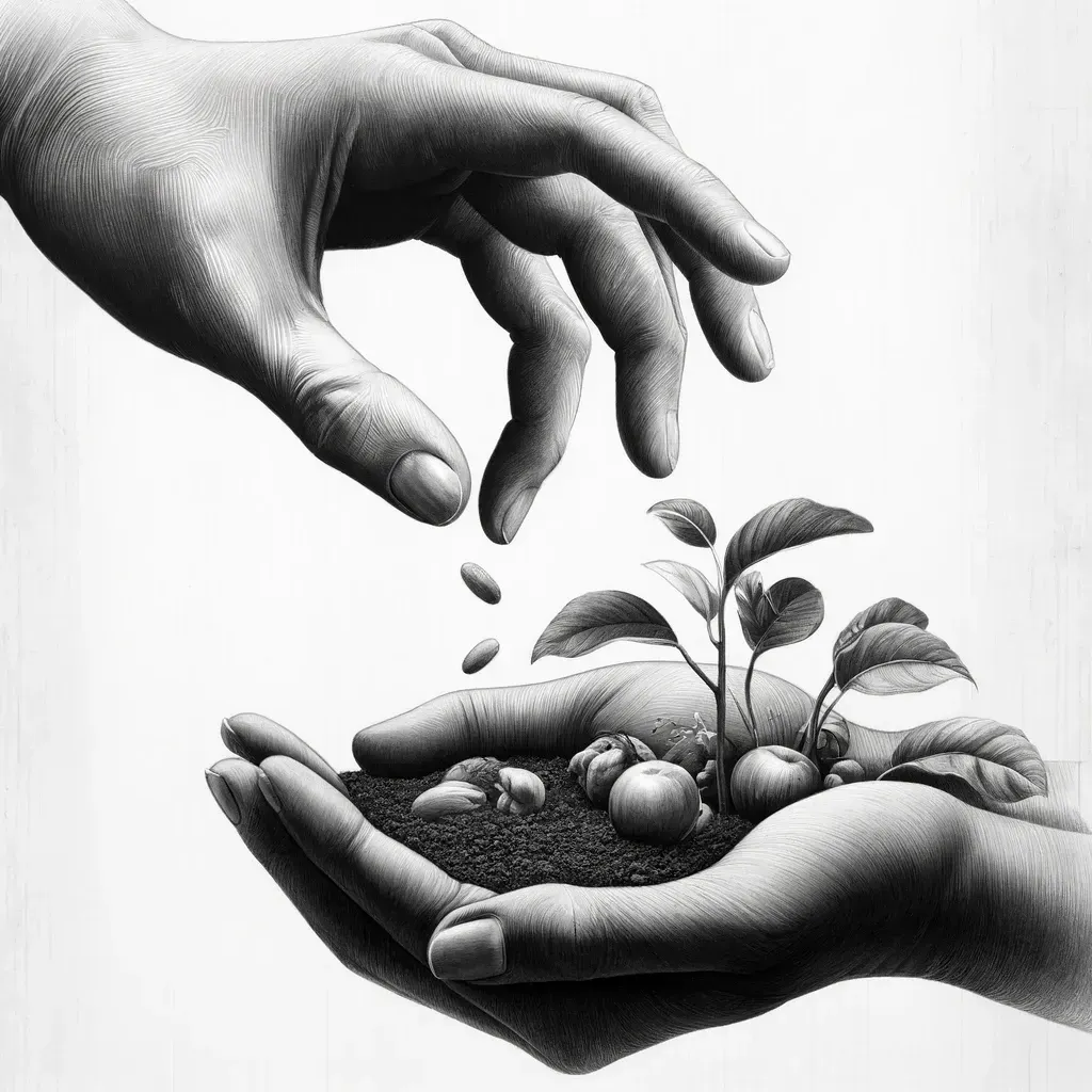 One hand dropping a seed into another cupped hand growing fruit, evoking eventual reciprocity