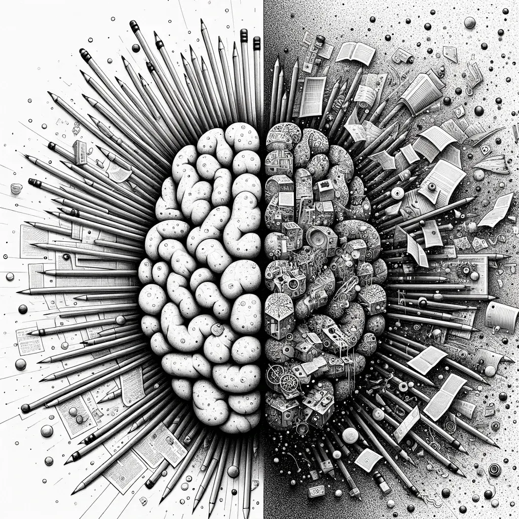 Brain split between organic thought and explosion of tools and notes, illustrating atomic note-taking
