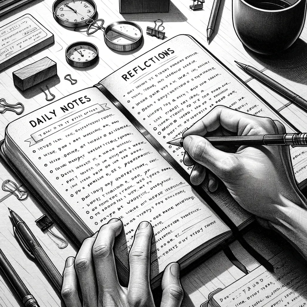Hands writing in an open journal labeled Daily Notes and Reflections surrounded by pens and clips