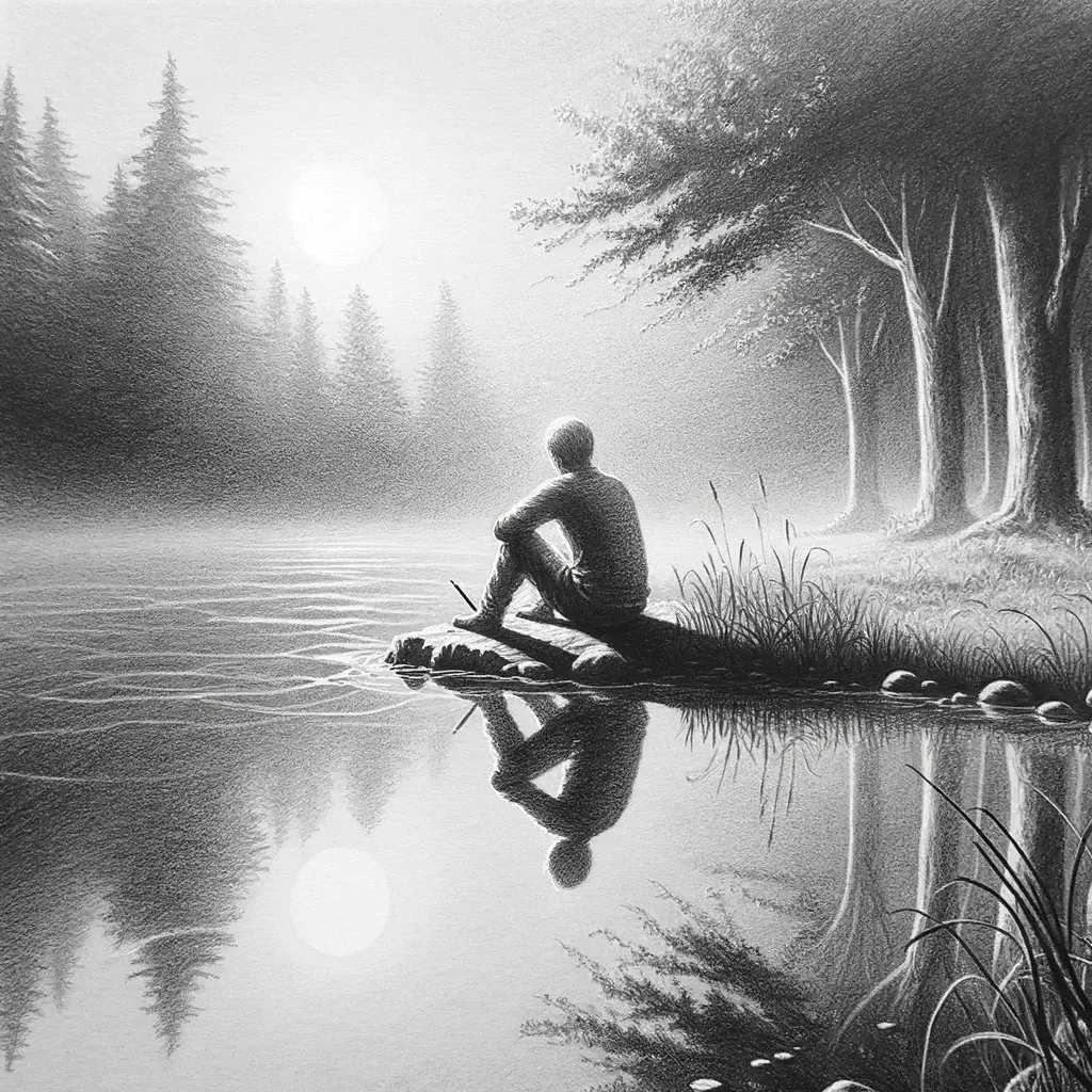 A person sitting alone by a still lake at dawn; quiet self-reflection and inner meetings.