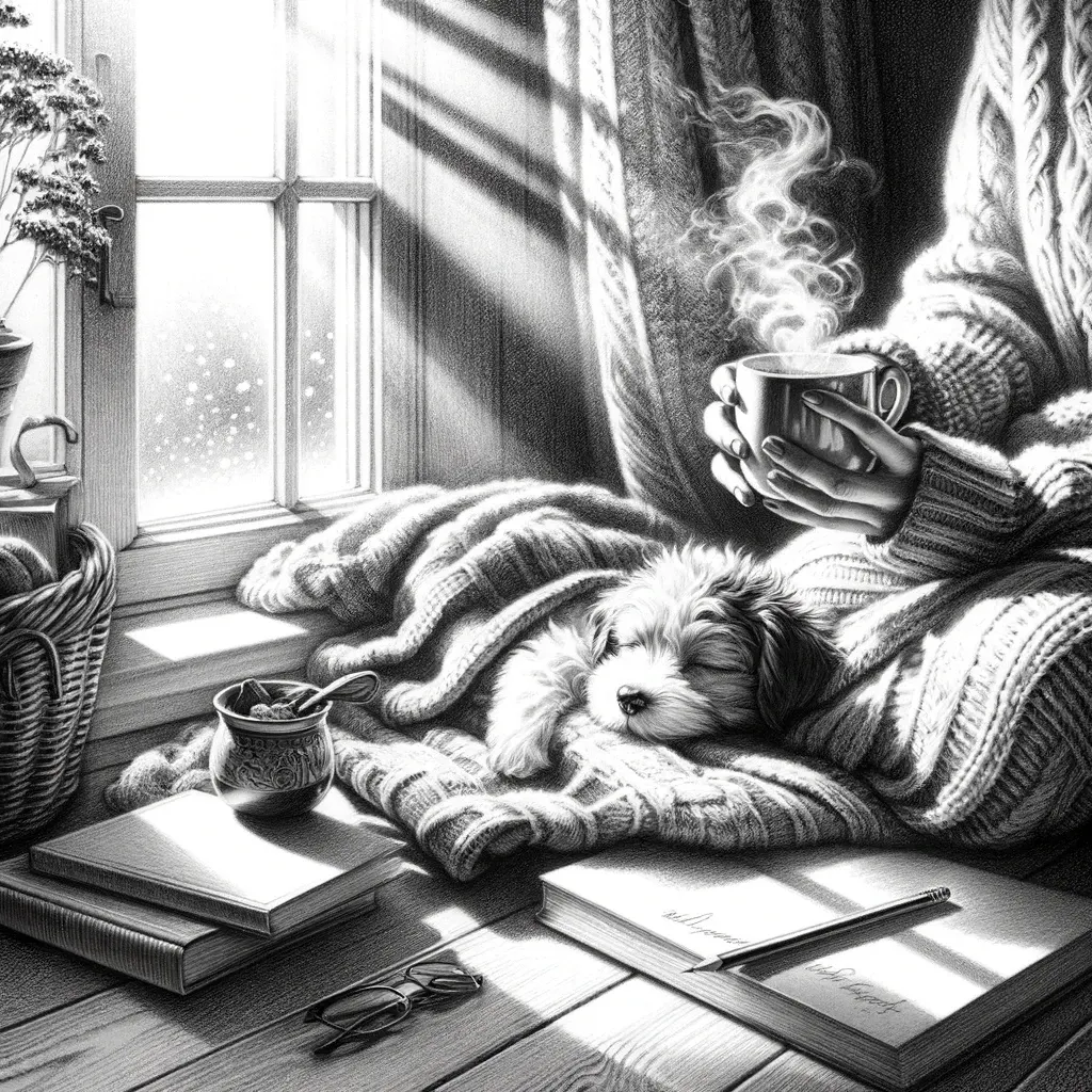 Puppy asleep in a blanket beside a steaming mug by a sunlit window, evoking gratitude for small moments