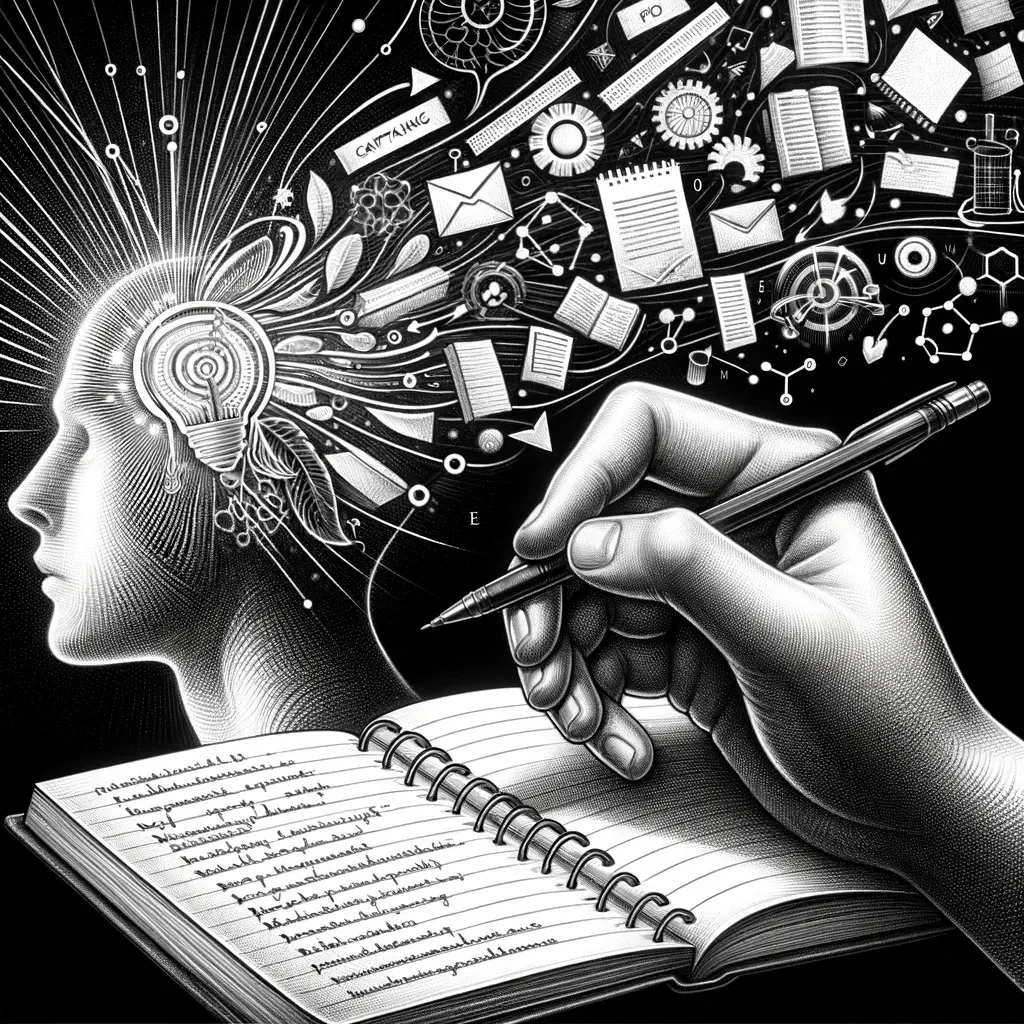 Hand writing in notebook as ideas and symbols stream from a glowing mind