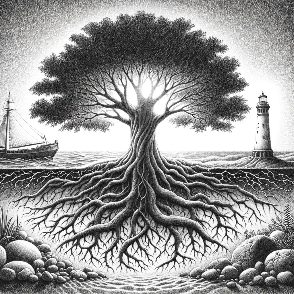 Ancient tree with deep roots anchored between ship and lighthouse, symbolizing stable foundations