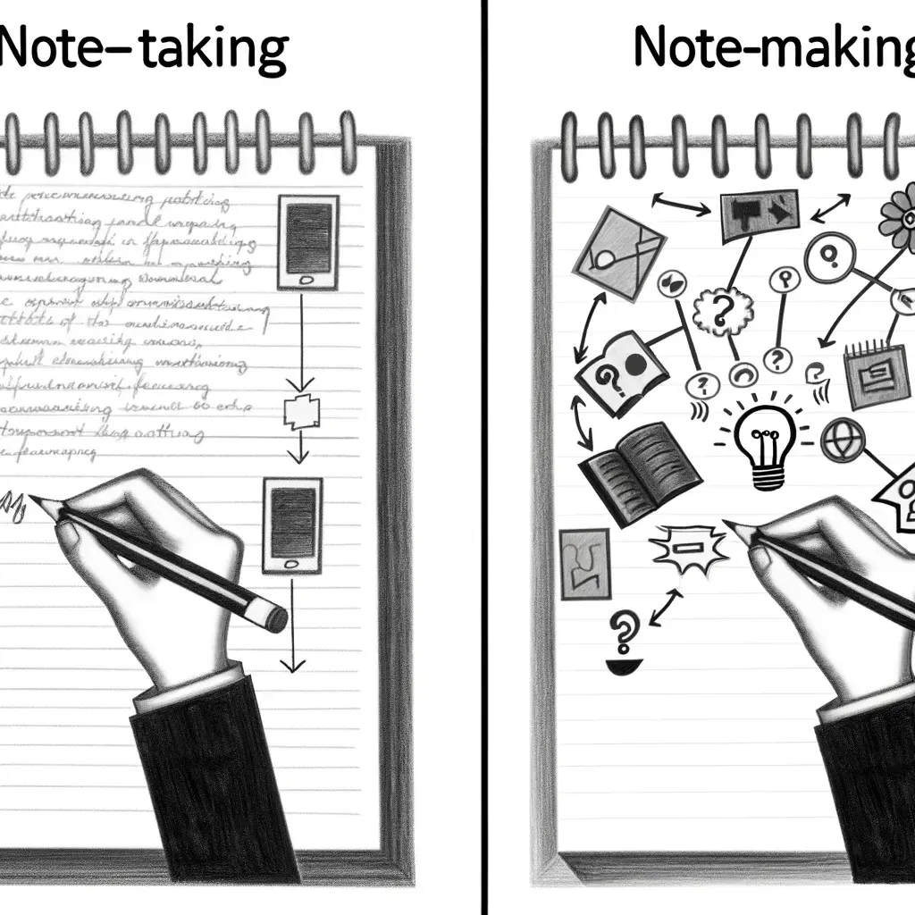 Side-by-side comparison: linear note-taking versus connected, creative note-making