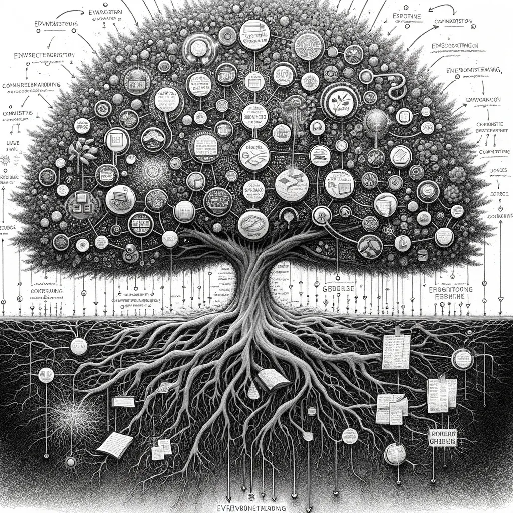 A tree of interconnected notes with deep roots, representing evergreen notes that keep growing