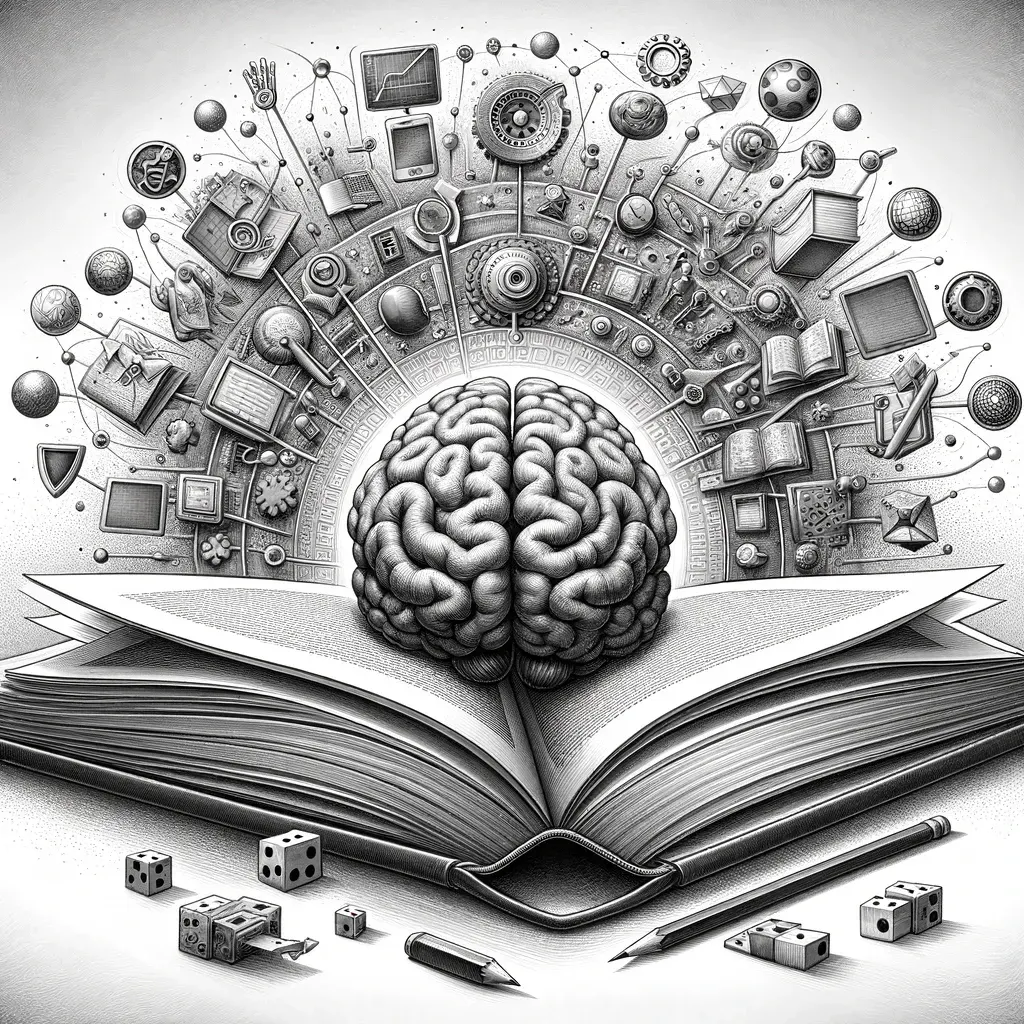 Open book with a brain surrounded by tools, capturing what PKM really is before tooling