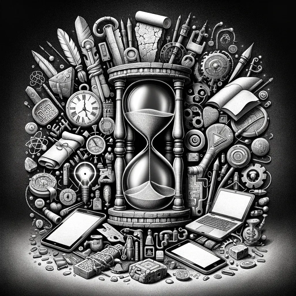 Hourglass surrounded by tools, books, and devices; timeless concepts outlast passing technologies.