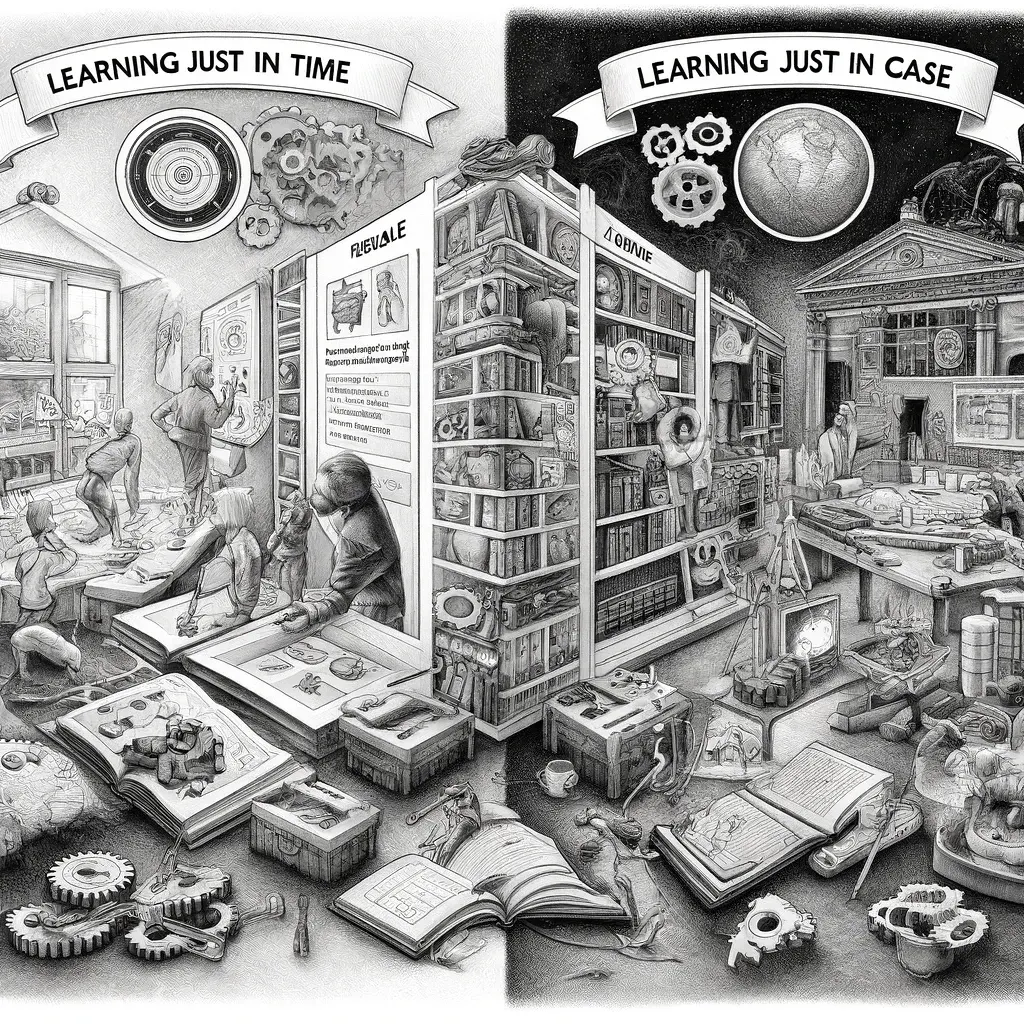 Split scene contrasting Learning Just in Time hands-on workshop with Learning Just in Case library
