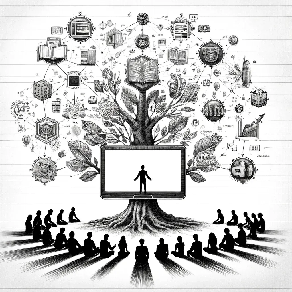Knowledge tree growing from a screen with a community gathered around it, learning together