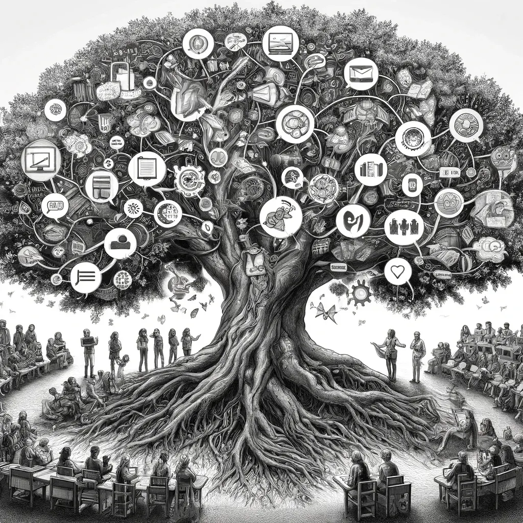 Large tree whose branches carry knowledge icons as a community gathers around its roots