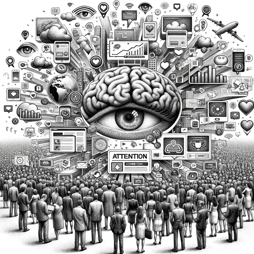 Giant eye and brain above a crowd besieged by ad and app icons, the attention economy at work