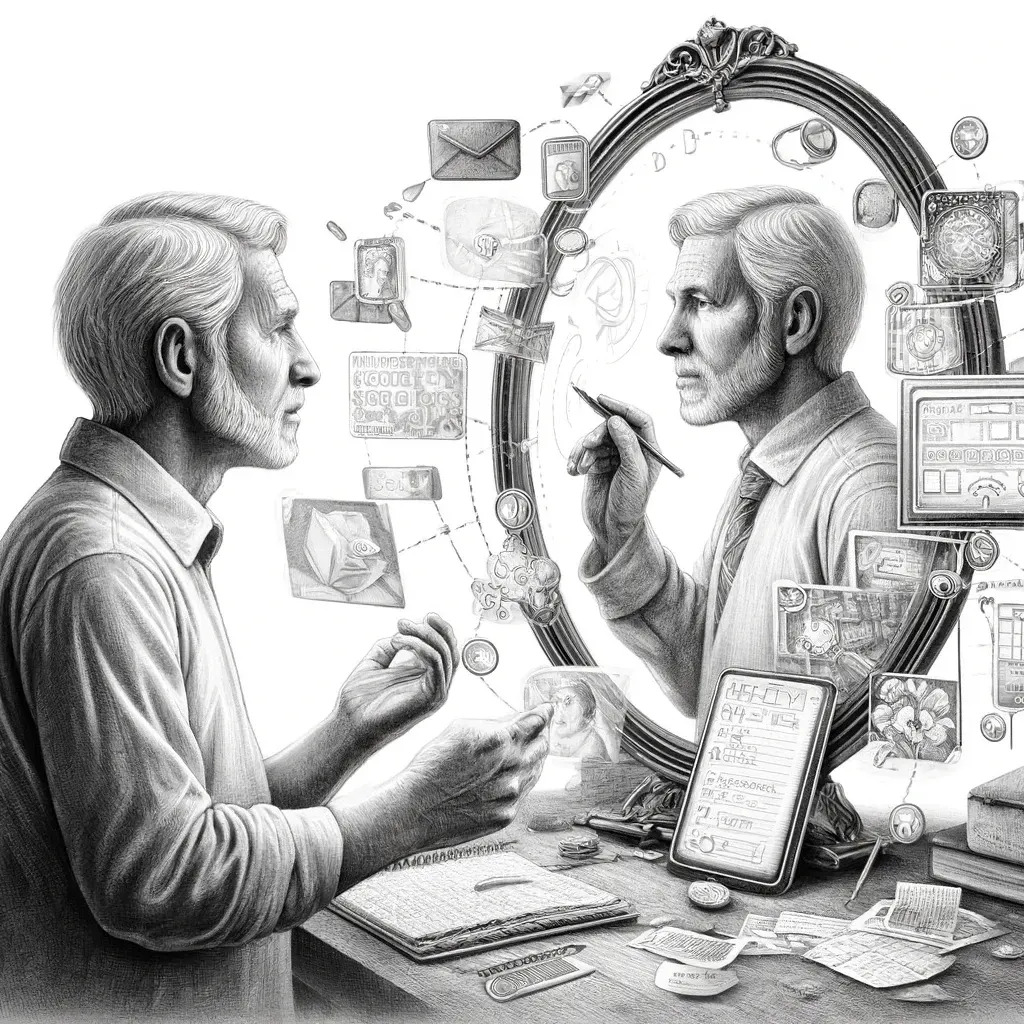 An older man facing his younger reflection in a mirror, exchanging notes across time