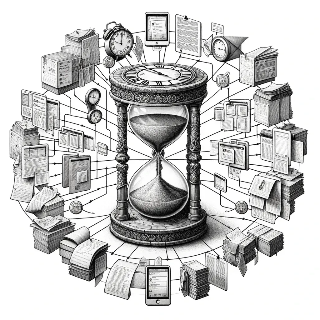 Hourglass surrounded by notes and devices, showing knowledge anchored to time