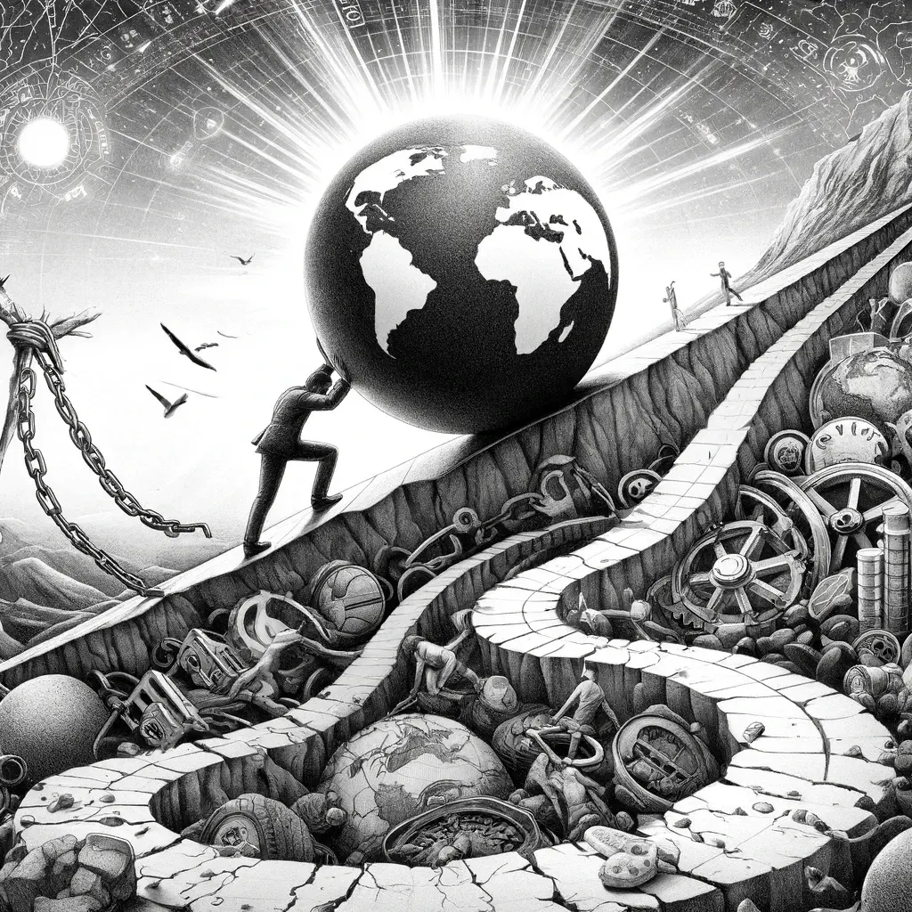 Person pushing a giant Earth uphill past broken gears, illustrating resistance to change
