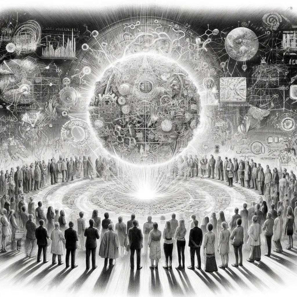 Crowd gathered around a glowing AI sphere radiating knowledge; humans engaging with generative AI.