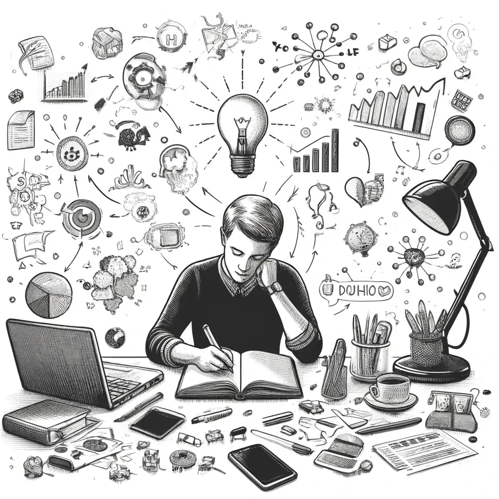 A solopreneur writing in a journal at a cluttered desk, ideas and charts radiating outward