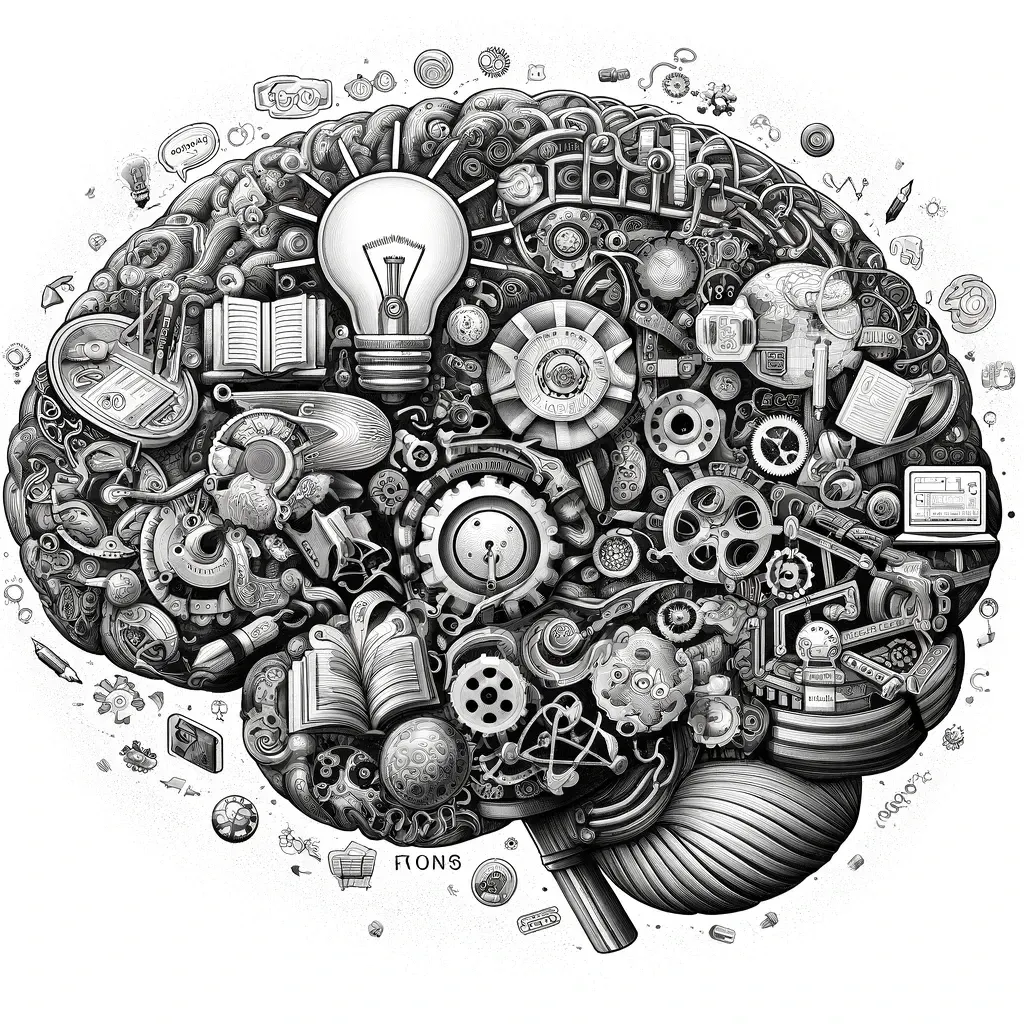 Brain filled with books, gears and tools, depicting meta-learning as learning how to learn
