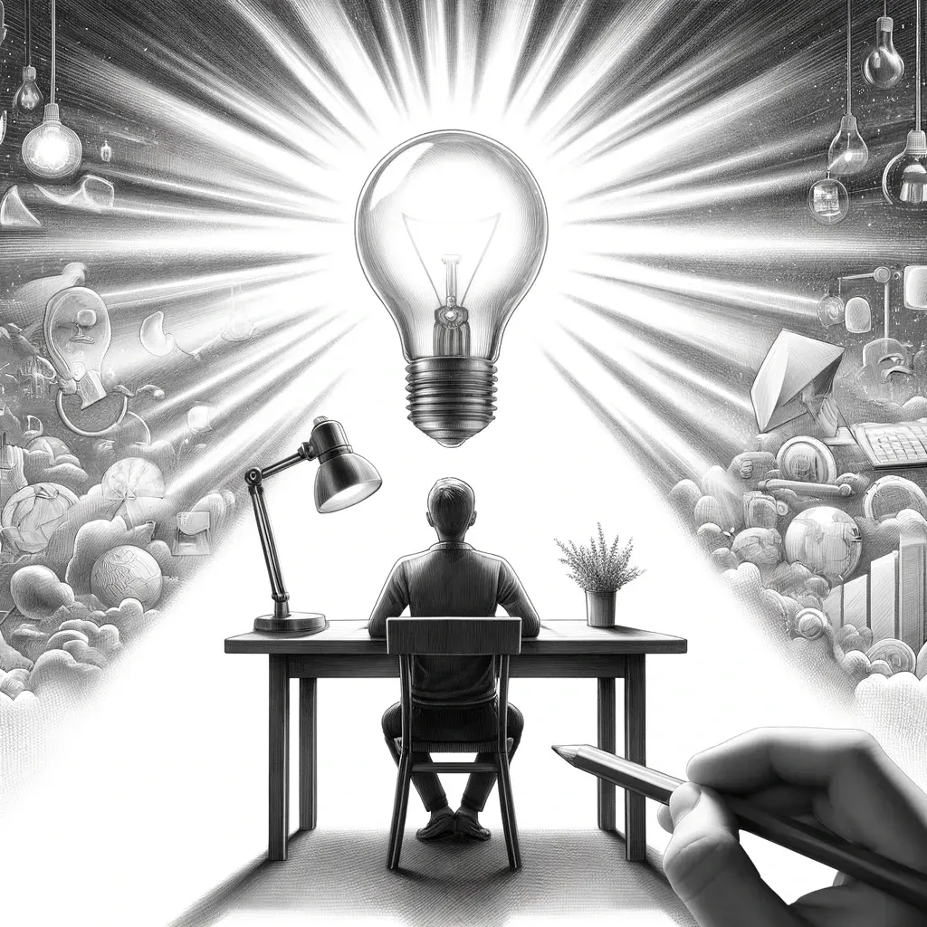 A focused worker at a desk under a glowing lightbulb; single daily goal as mental clarity.