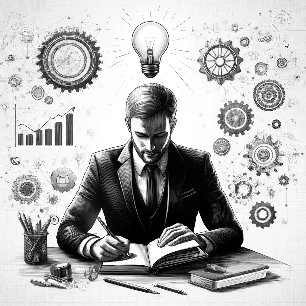 A founder journaling at a desk as gears, charts and a lit bulb swirl around them