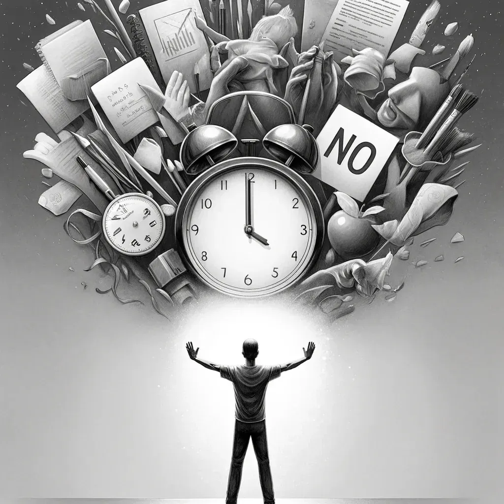 A person pushing back a cloud of clocks, tasks and a NO sign, illustrating non-goals as protective boundaries