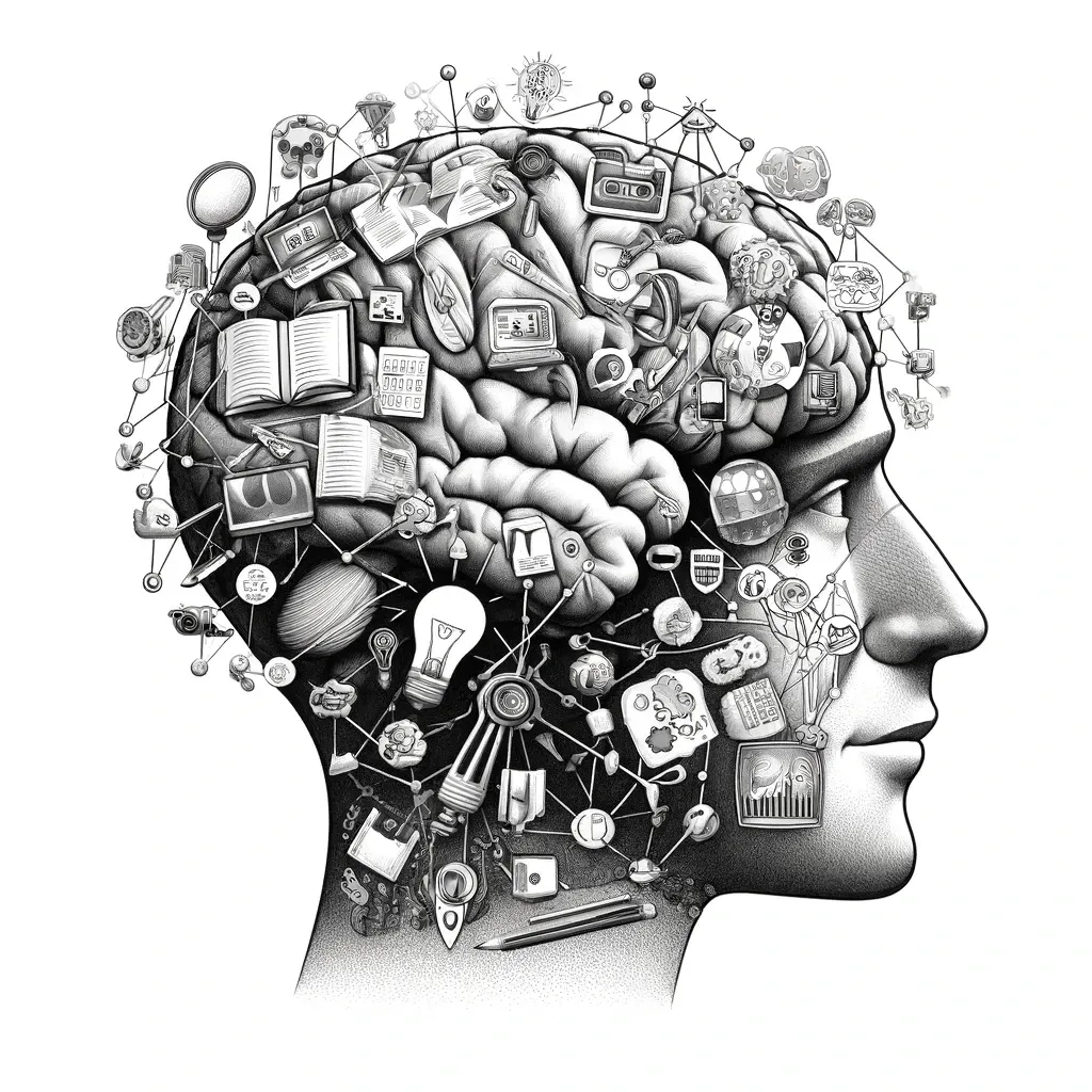 Human head overflowing with books, gears and symbols, showing cognition extended by tools