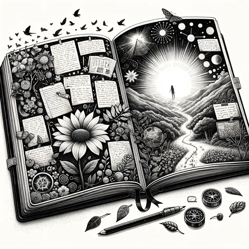 Open journal blending memories and a sunlit path, capturing journaling as a tool for growth