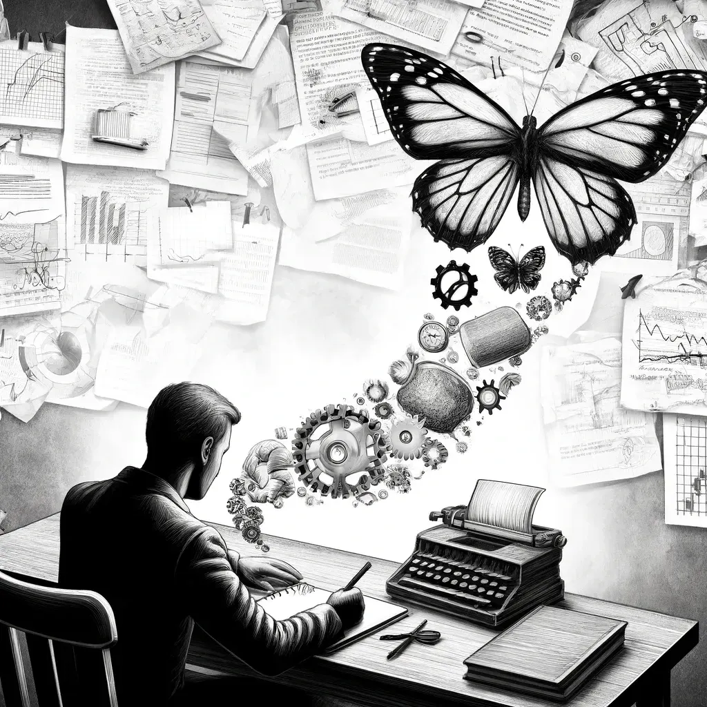 Writer at desk with thoughts transforming into a butterfly, journaling as metamorphosis