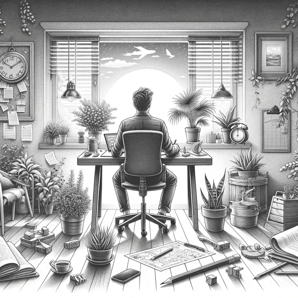 Sketch of a person working calmly at a plant-filled home desk, the calm-business ideal