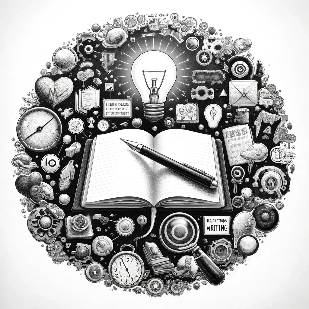 Open book circled by writing symbols, showing writing as a hub skill for knowledge work