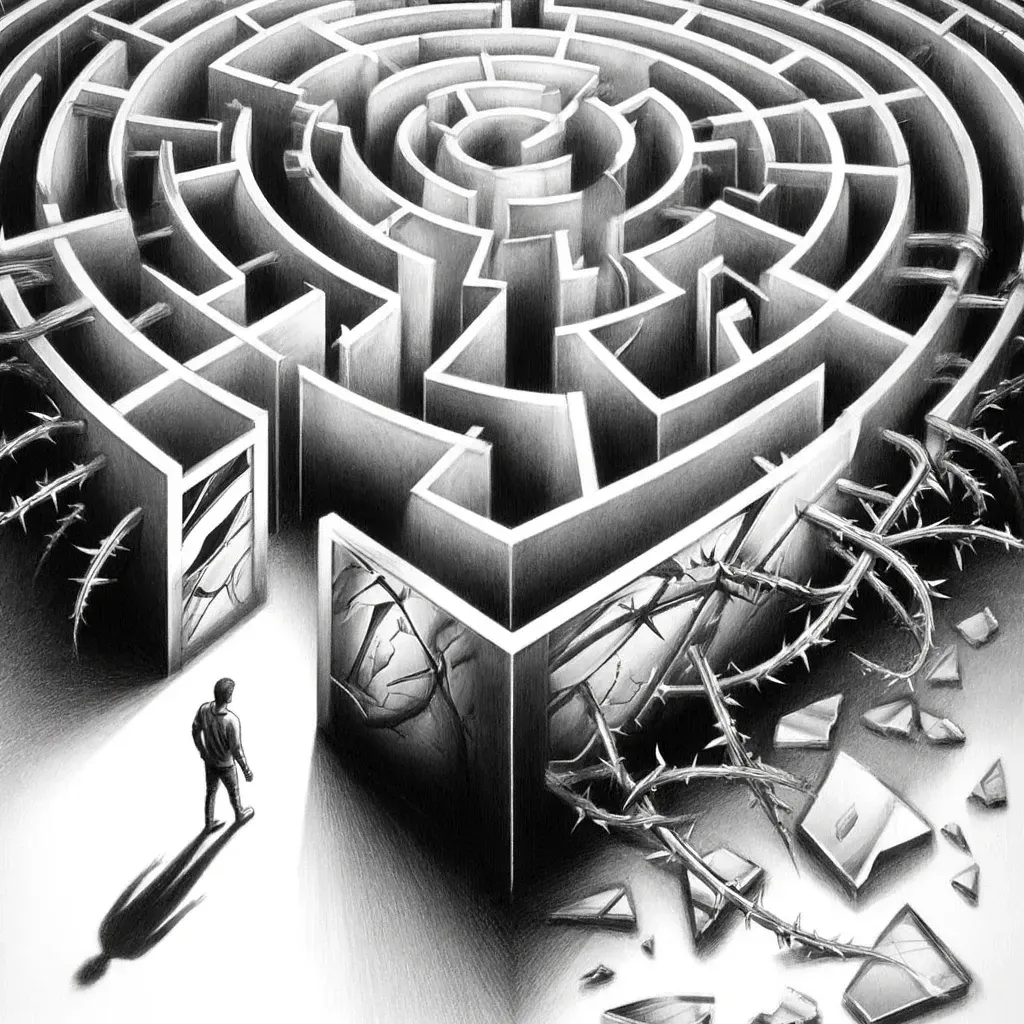 Person facing a maze wrapped in thorns and broken glass; perfectionism as a trap.