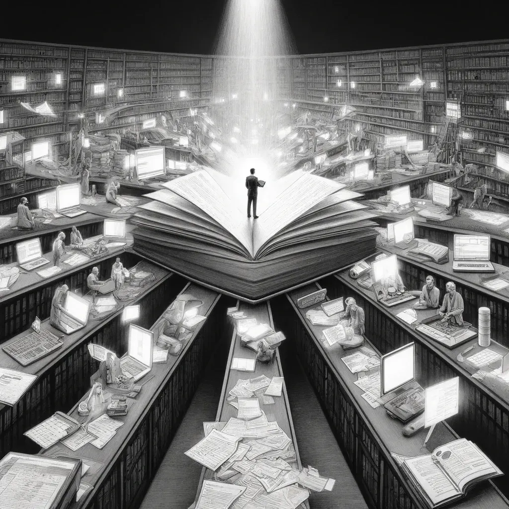 A lone figure atop one giant open book at the center of a vast library, illustrating a single source of truth
