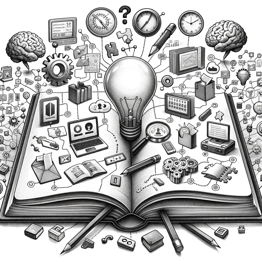 Open book with a lightbulb surrounded by icons for ideas, tools and brains, illustrating PKM practices