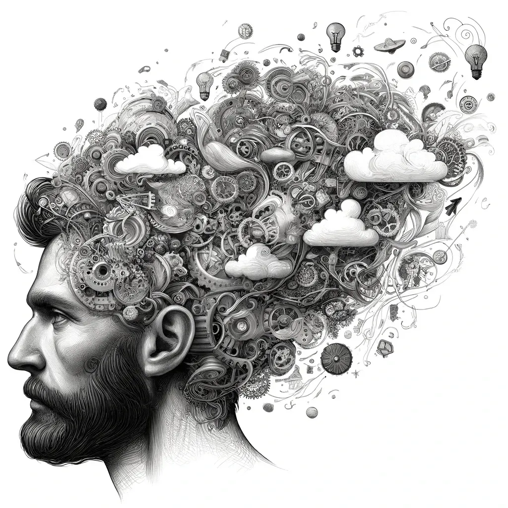 Illustration of a head overflowing with gears and cloud-thoughts, mental context overload