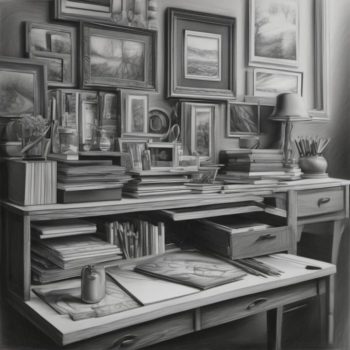 Cluttered desk overflowing with books and frames, the disorder that a personal organization system fixes