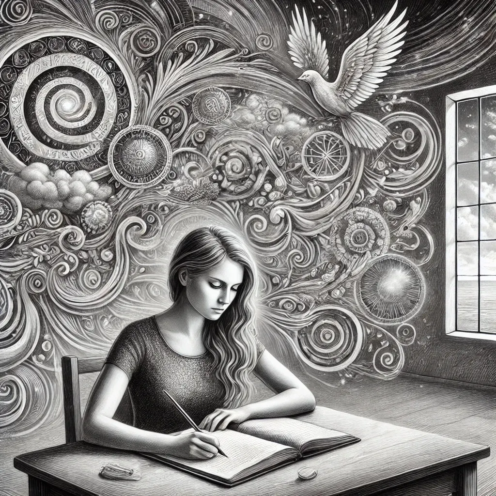 Writer externalizing swirling thoughts onto paper to free her mind