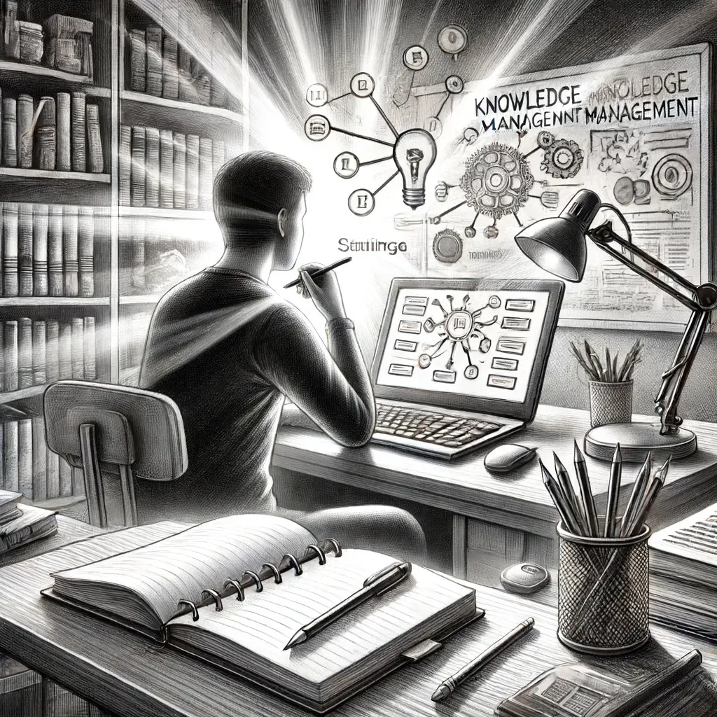 Person at desk building a knowledge management system on screen and paper