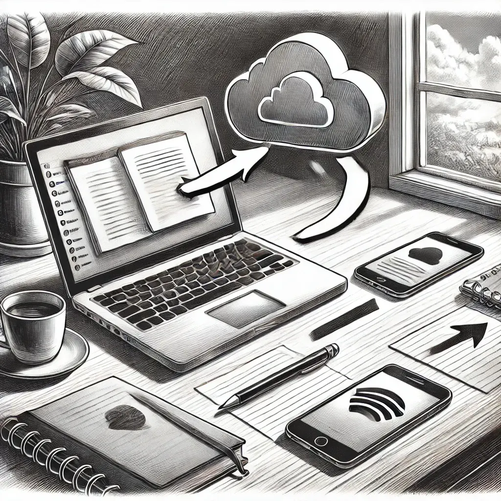 Sketch of laptop, phone, and notebook syncing notes through a cloud