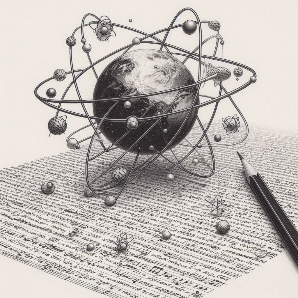 Atomic notes orbiting a globe over a written page, illustrating notes as building blocks for new content