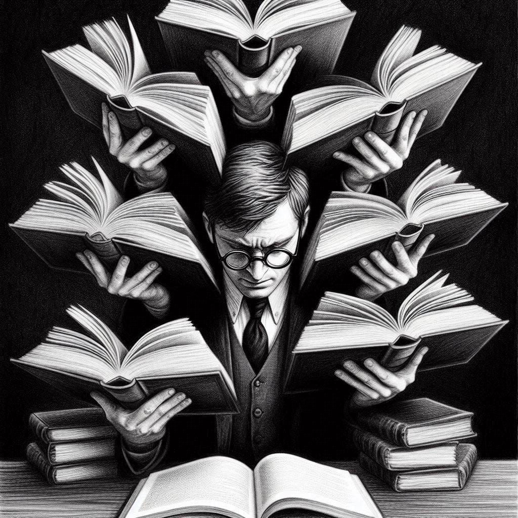 Reader surrounded by many open books at once, illustrating interleaved reading