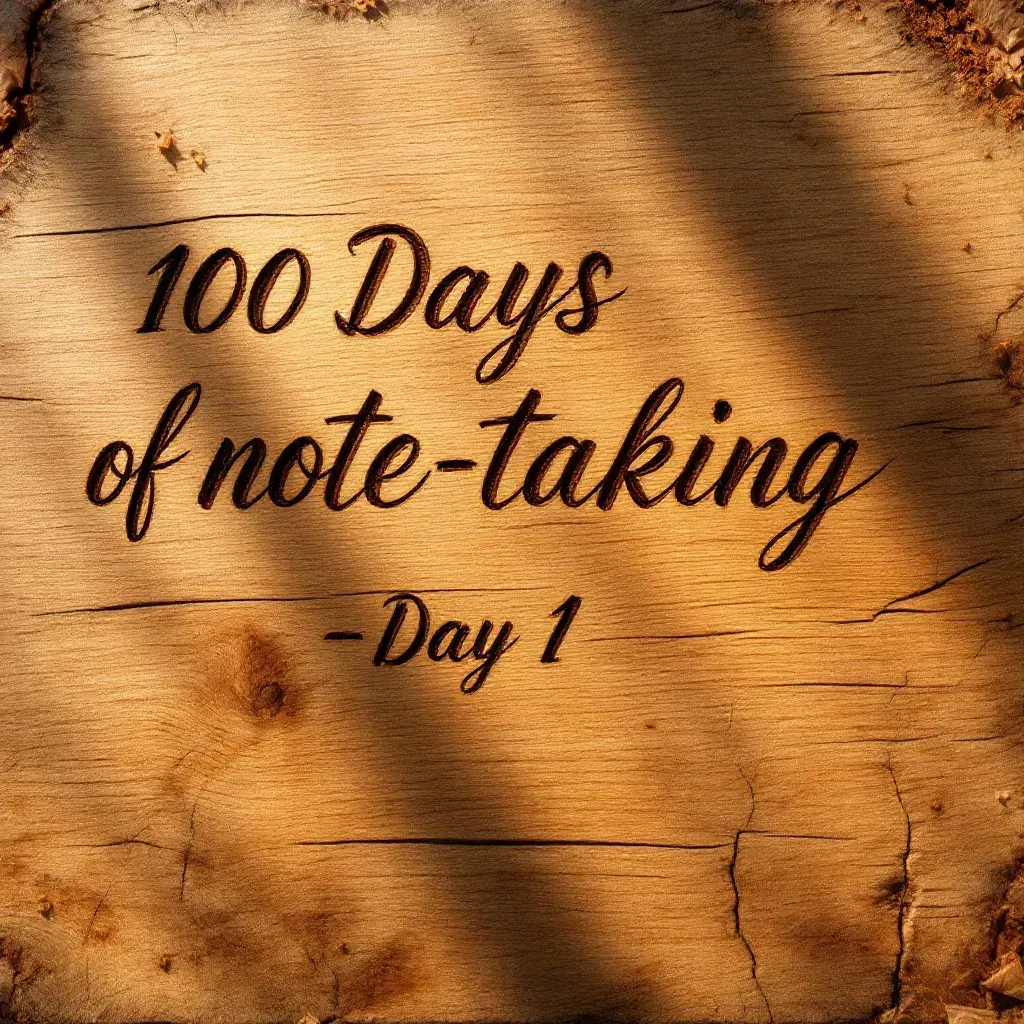 Cover for 100 Days of Note-taking, Day 1, burned into wood grain