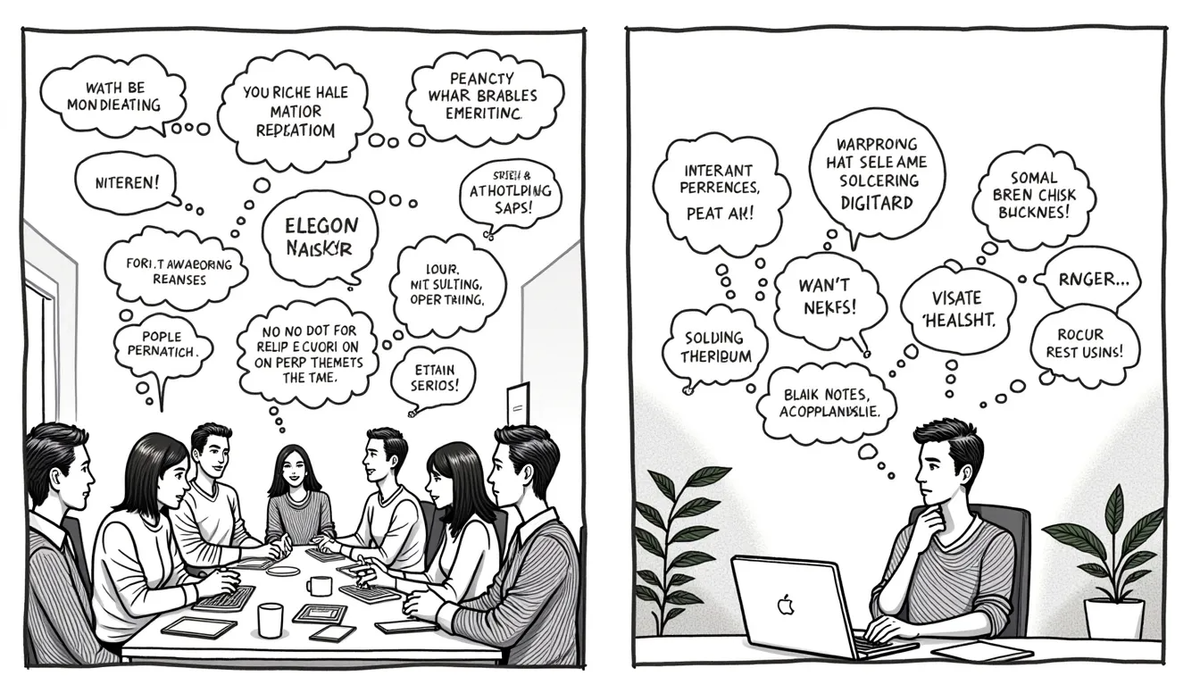 Split scene: noisy meeting versus quiet async thinker producing clearer ideas