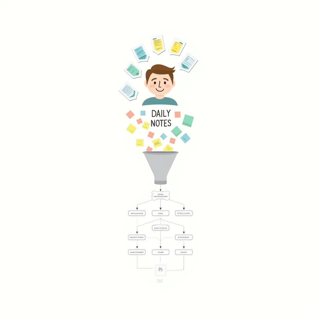 Illustration of daily notes as a capture funnel feeding a structured knowledge system