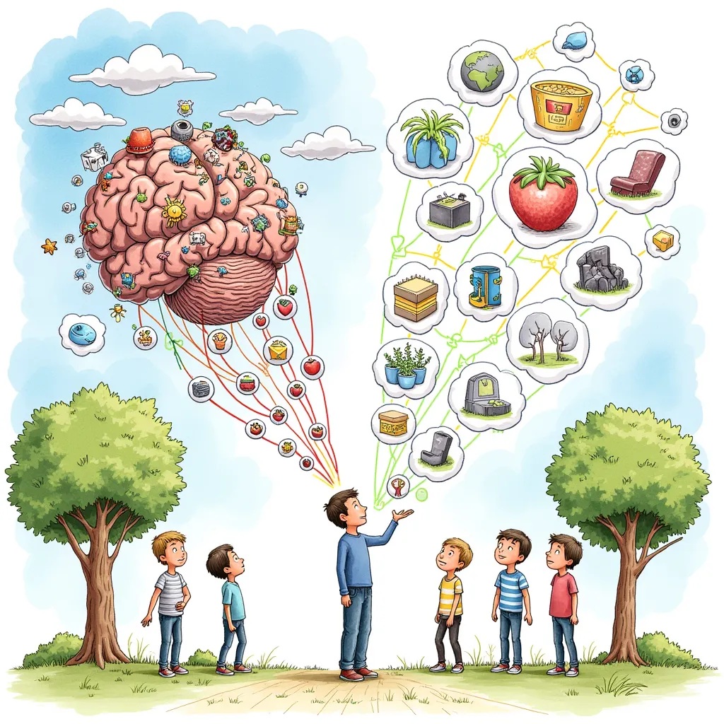 Illustration of a brain as a hot-air balloon launching ideas that connect into a shared knowledge cloud