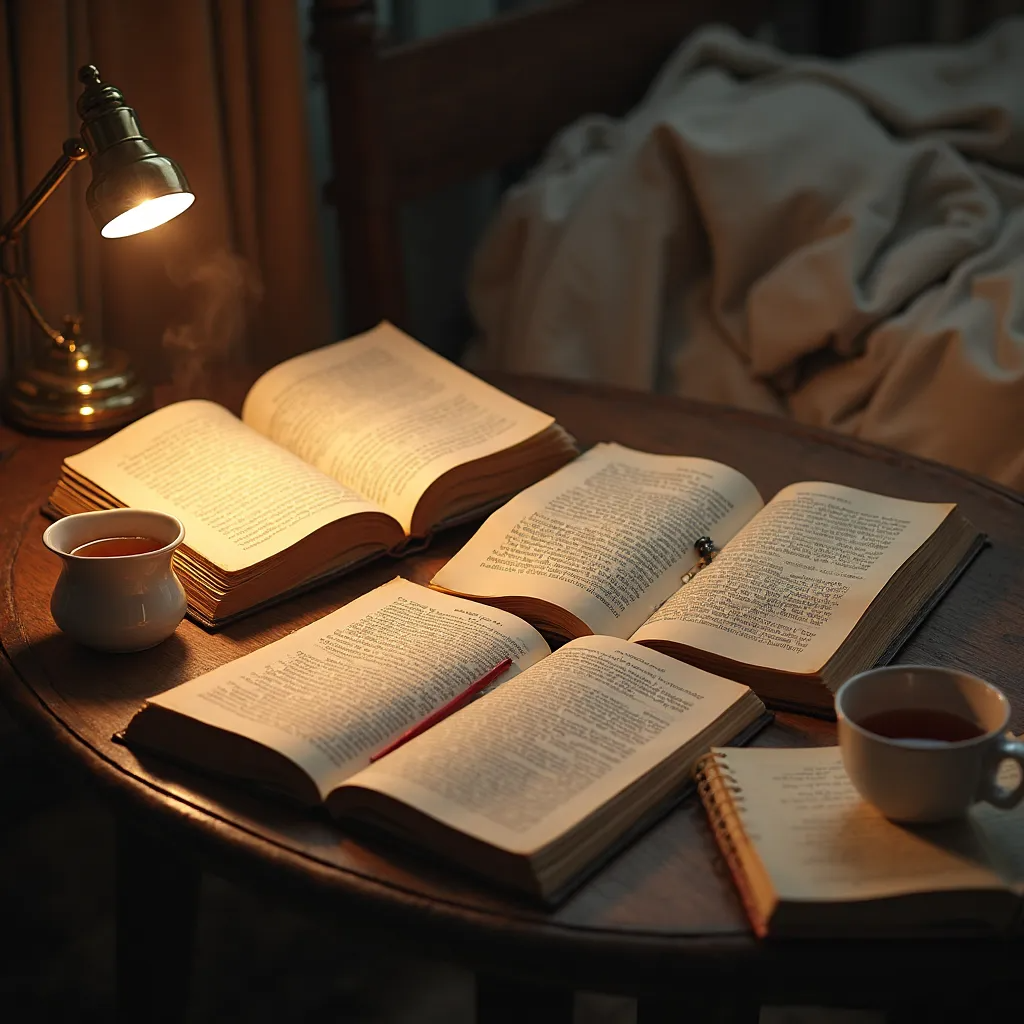 Multiple open books on a cozy lamplit table with tea, evoking parallel reading